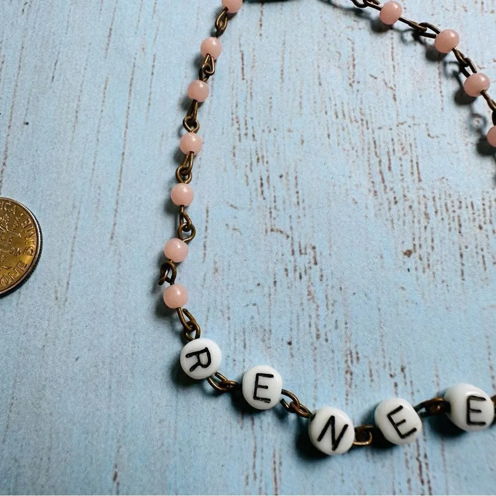 Vintage Brass Pink Glass Rosary Link Renee Bracelet‎ 8 In